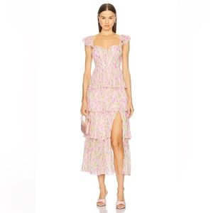 ASTR The Label Pink Floral Tiered Midi Dress in Size S